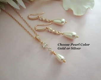 Teardrop Pearl Crystal Bridal Drop Jewelry Set, Wedding Necklace Dangle Earrings Handmade Gold Silver