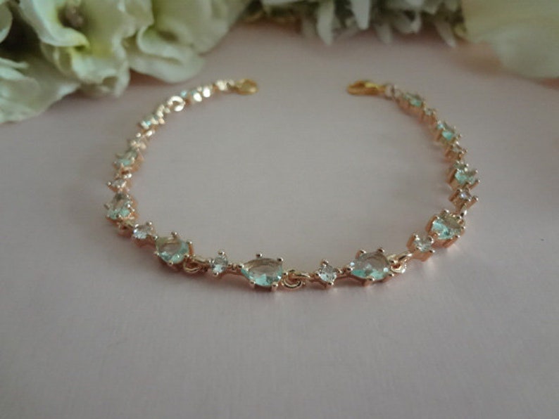 Light Blue Crystal Bridal Bracelet Gold Tennis Bracelet Dusty Pale Blue Wedding Bracelet for Bride Something Blue Wedding Jewelry Aqua Blue image 5