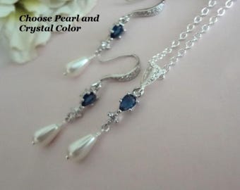 Crystal Pearl Teardrop Necklace and Earrings, Wedding Jewelry Silver, Drop Bridal Set, Bridesmaids Gift