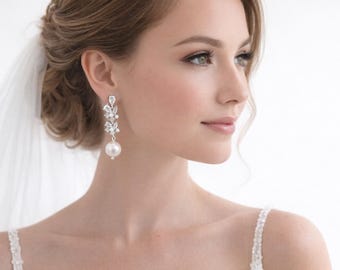 Diamond Pearl Cluster Drop Bridal Earrings, Long Chandelier Dangle, Leaf Wedding Jewelry for Bride