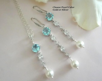 Light Blue Crystal and Pearl Bridal Jewelry Set: Wedding Necklace Earrings Long (Gold, Silver)