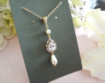 Teardrop Pearl Wedding Necklace for Brides, Cubic Zirconia Bridal Jewelry, Baguette Crystal