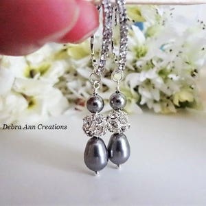 Grey Pearl Drop Earrings Silver Pear Pearl Earrings Dark Grey Wedding Earrings Dangle Pearl and Crystal Bridal Earrings Gray Wedding Jewelry image 3