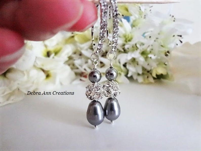 Grey Pearl Drop Earrings Silver Pear Pearl Earrings Dark Grey Wedding Earrings Dangle Pearl and Crystal Bridal Earrings Gray Wedding Jewelry image 3