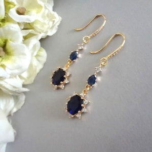 Sapphire Bridal Earrings: Gold Teardrop Cubic Zirconia Dangle