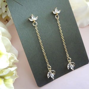 Gold Leaf Wedding Earrings: Crystal CZ Bridal Drop Earrings, Cubic Zirconia Long Chain, Bridesmaids