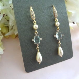 Light Blue Teardrop Pearl Bridal Earrings, Bride Something New, Crystal Drop Wedding Jewelry