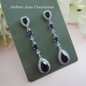 Long Sapphire Earrings Dangle Navy Blue Bridal Earrings Something Blue Wedding Jewelry for Bride Wedding Earrings Crystal Teardrop Earrings