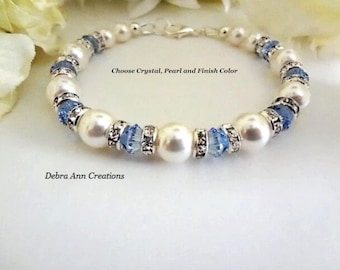 Light Blue Pearl Bridal Bracelet: Sapphire Wedding Jewelry for Bride Something New