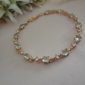 Light Blue Crystal Bridal Bracelet Gold Tennis Bracelet Dusty Pale Blue Wedding Bracelet for Bride Something Blue Wedding Jewelry Aqua Blue image 4