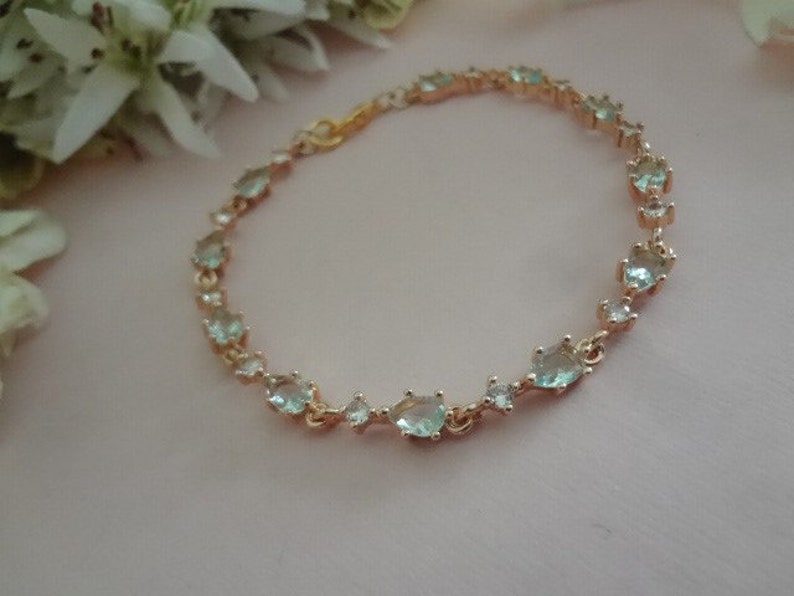 Light Blue Crystal Bridal Bracelet Gold Tennis Bracelet Dusty Pale Blue Wedding Bracelet for Bride Something Blue Wedding Jewelry Aqua Blue image 4