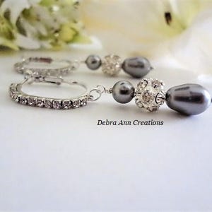 Grey Pearl Drop Earrings Silver Pear Pearl Earrings Dark Grey Wedding Earrings Dangle Pearl and Crystal Bridal Earrings Gray Wedding Jewelry image 8