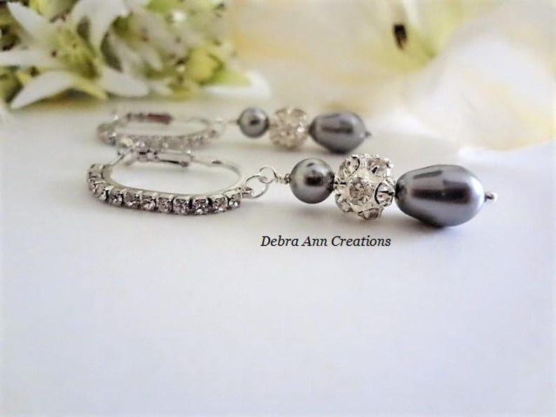 Grey Pearl Drop Earrings Silver Pear Pearl Earrings Dark Grey Wedding Earrings Dangle Pearl and Crystal Bridal Earrings Gray Wedding Jewelry image 8