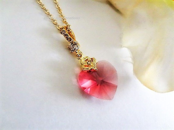 Pink Heart Necklace Gold Swarovski Crystal Heart Pendant Etsy Pink Heart Necklace Gold Swarovski Crystal Heart Pendant Etsy