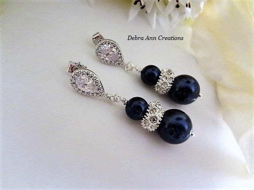 Navy Pearl Earrings Pearl Drop Wedding Earrings Bridal Earrings Navy