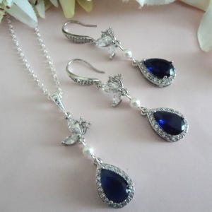 Sapphire and Pearl Necklace and Earrings Bridal Set Cubic Zirconia Teardrop Earrings Boho Wedding Jewelry for Brides Something Blue Gift