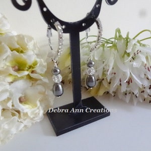 Grey Pearl Drop Earrings Silver Pear Pearl Earrings Dark Grey Wedding Earrings Dangle Pearl and Crystal Bridal Earrings Gray Wedding Jewelry image 7