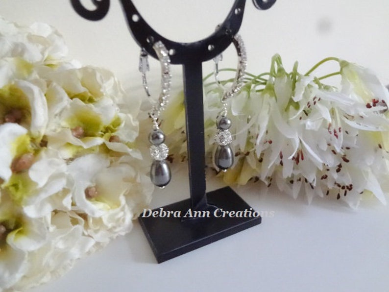 Grey Pearl Drop Earrings Silver Pear Pearl Earrings Dark Grey Wedding Earrings Dangle Pearl and Crystal Bridal Earrings Gray Wedding Jewelry image 7