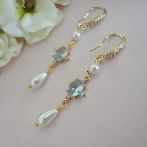 Light Blue Wedding Earrings for Bride Something Blue and Pearl Drop Earrings Teardrop Bridal Earrings Pearl and Crystal Earrings Chandelier