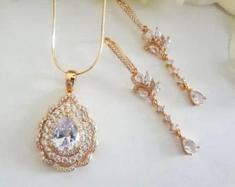 Bridal Cubic Zirconia Jewelry Set: Gold Teardrop Necklace Marquise Leaf Wedding Earrings Long