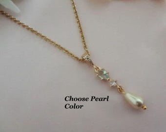 Light Blue Pearl Teardrop Necklace Cubic Zirconia Drop Pendant Crystal Bridal Wedding Jewelry