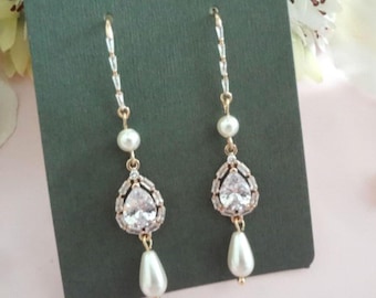 Teardrop Pearl Wedding Earrings: Cubic Zirconia Baguette Crystal, Bridal Jewelry Bride Gift