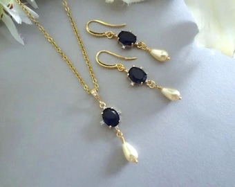 Sapphire Pearl Bridal Jewelry Set: Navy Crystal Necklace and Earrings, Wedding Jewelry