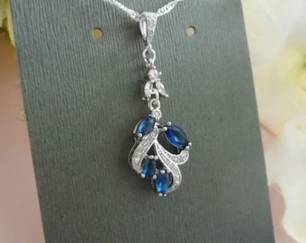 Sapphire Crystal Bridal Necklace Silver Leaf Wedding Jewelry for Bride Something Blue Gift