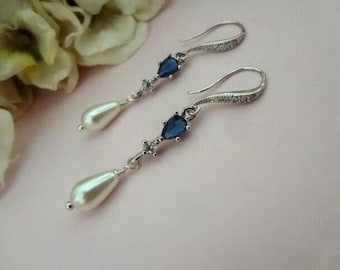 Sapphire Teardrop Bridal Earrings: Pearl Drop Wedding Jewelry, Bride Something Blue