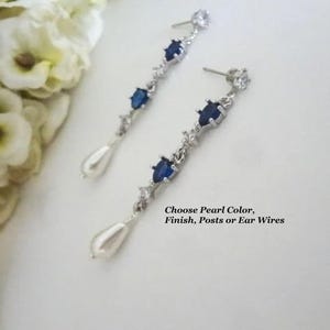 Sapphire and Pearl Drop Earrings for Bride Something Blue Wedding Jewelry Teardrop Bridal Earrings Long Crystal and Pearl Wedding Earrings