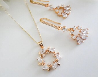Gold Leaf Necklace & Earrings: CZ Wedding Jewelry for Bride, Wreath Pendant, Dainty, Simple Crystal Bridal Jewelry Set