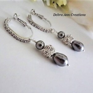 Grey Pearl Drop Earrings Silver Pear Pearl Earrings Dark Grey Wedding Earrings Dangle Pearl and Crystal Bridal Earrings Gray Wedding Jewelry image 6