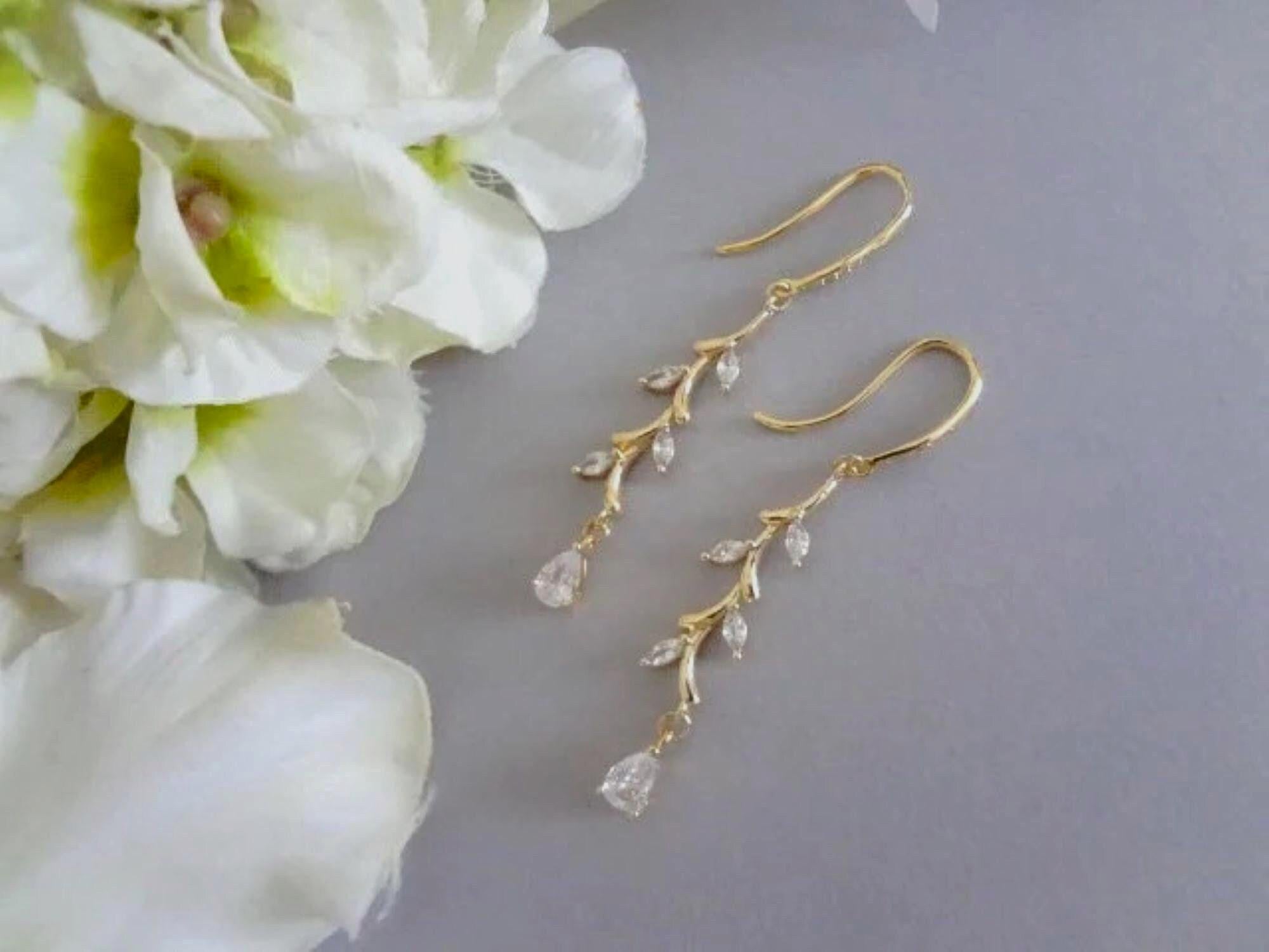 Crystal Leaf Vine Drop Earrings Gold Marquise Wedding Earrings for Brides CZ Bridal Earrings Long Cubic Zirconia Teardrop Earring