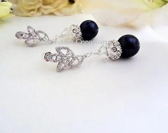 Dark Navy Blue Pearl Drop Earrings: Crystal Wedding Bridal Jewelry Mother of the Bride Gift