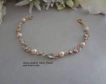 Light Blue and Pearl Wedding Bracelet Bride | Something Blue CZ Crystal Bridal Bracelet | Tennis Bracelet | Mother of Bride Wedding Jewelry
