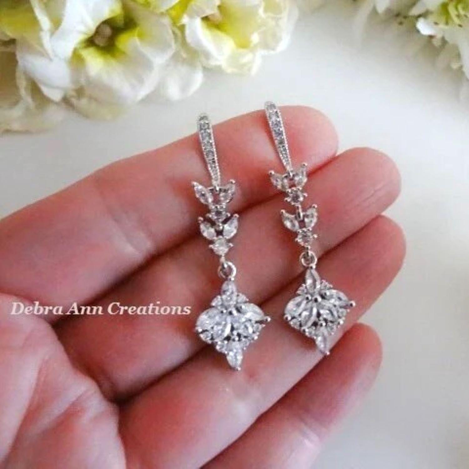 Cubic Zirconia Wedding Jewelry Set - Vine Teardrop Necklace & Dangle Earrings - View #4