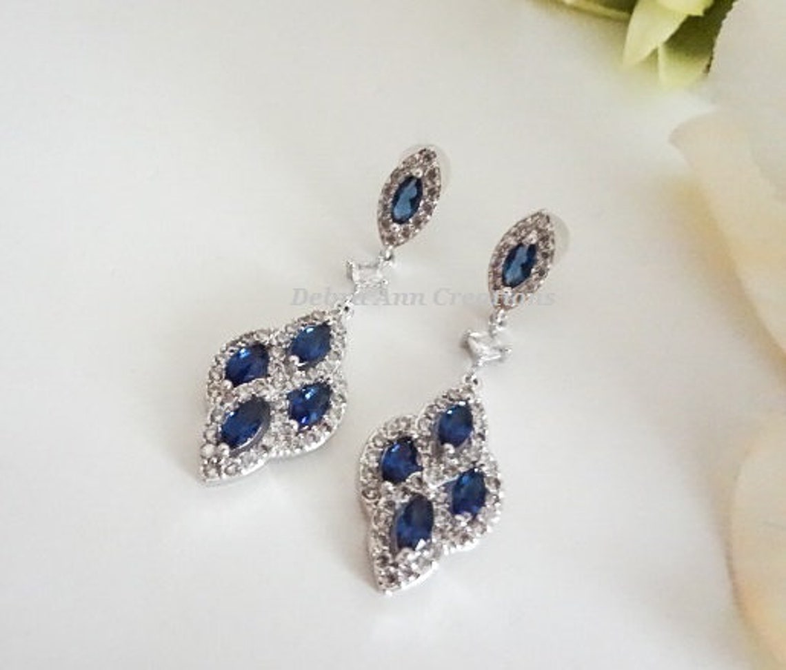 Blue Sapphire Earrings White Gold Marquise Wedding Earrings | Etsy