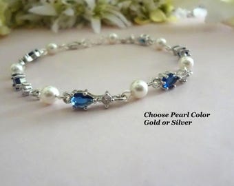 Sapphire Pearl Wedding Bracelet: Something Blue Bridal Jewelry, Tennis style, Bride Gift