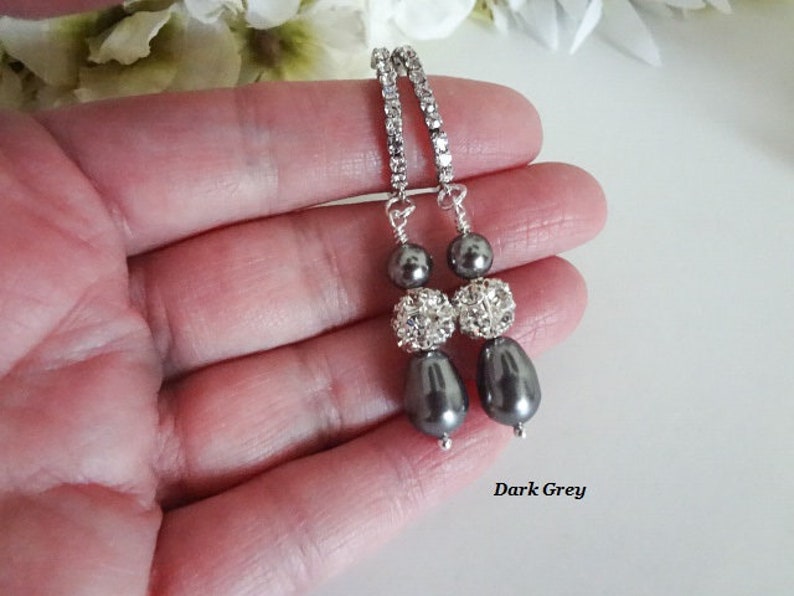 Grey Pearl Drop Earrings Silver Pear Pearl Earrings Dark Grey Wedding Earrings Dangle Pearl and Crystal Bridal Earrings Gray Wedding Jewelry image 5