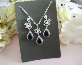 Sapphire Pearl Teardrop Necklace Earrings Set: CZ Leaf Wedding Bridal Jewelry, Dark Blue Crystal