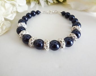 Navy Pearl Crystal Diamond Bracelet Chunky, Dark Blue Wedding Jewelry, Midnight Bridal Jewellery Gift