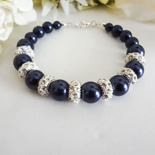 Navy Pearl Crystal Diamond Bracelet Chunky, Dark Blue Wedding Jewelry, Midnight Bridal Jewellery Gift