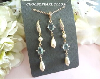 Light Blue Crystal Bridal Jewelry Set Teardrop Pearl Necklace & Earrings Bride Wedding Jewelry Gift