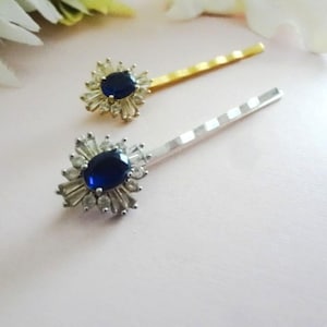 Sapphire Hair Pin Bride Hair Accessories Bridal Hair Piece Silver Baguette Hair Clip Cubic Zirconia Crystal HairPins Mother of Bride Gift