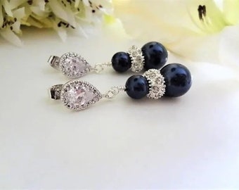 Navy Blue Pearl Drop Earrings: Crystal Wedding Jewelry CZ Pave Bridal Earring Teardrop
