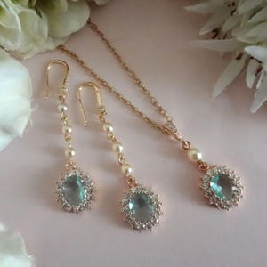 Light Blue Crystal Pearl Wedding Jewelry Set, Bridal Earrings and Necklace, Bride Something New