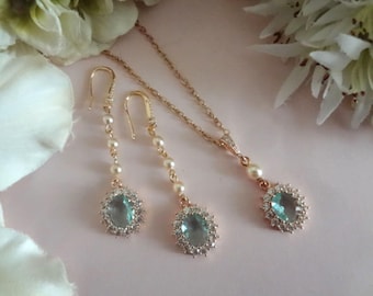 Light Blue Crystal Pearl Wedding Jewelry Set, Bridal Earrings and Necklace, Bride Something New