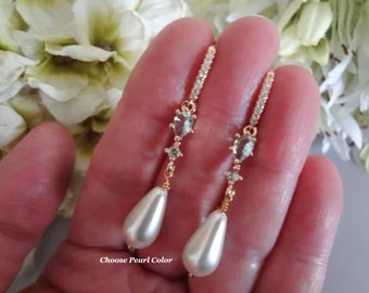 Teardrop Pearl Bridal Earrings, Light Blue Crystal CZ, Wedding Jewelry Bride