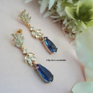 Sapphire Teardrop Wedding Earrings, Cubic Zirconia Bridal Jewelry, Gold or Silver Finish, Something Blue Gift