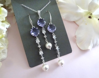 Light Purple Crystal Bridal Jewelry Set: Pearl Drop Earrings Long, Wedding Necklace Silver